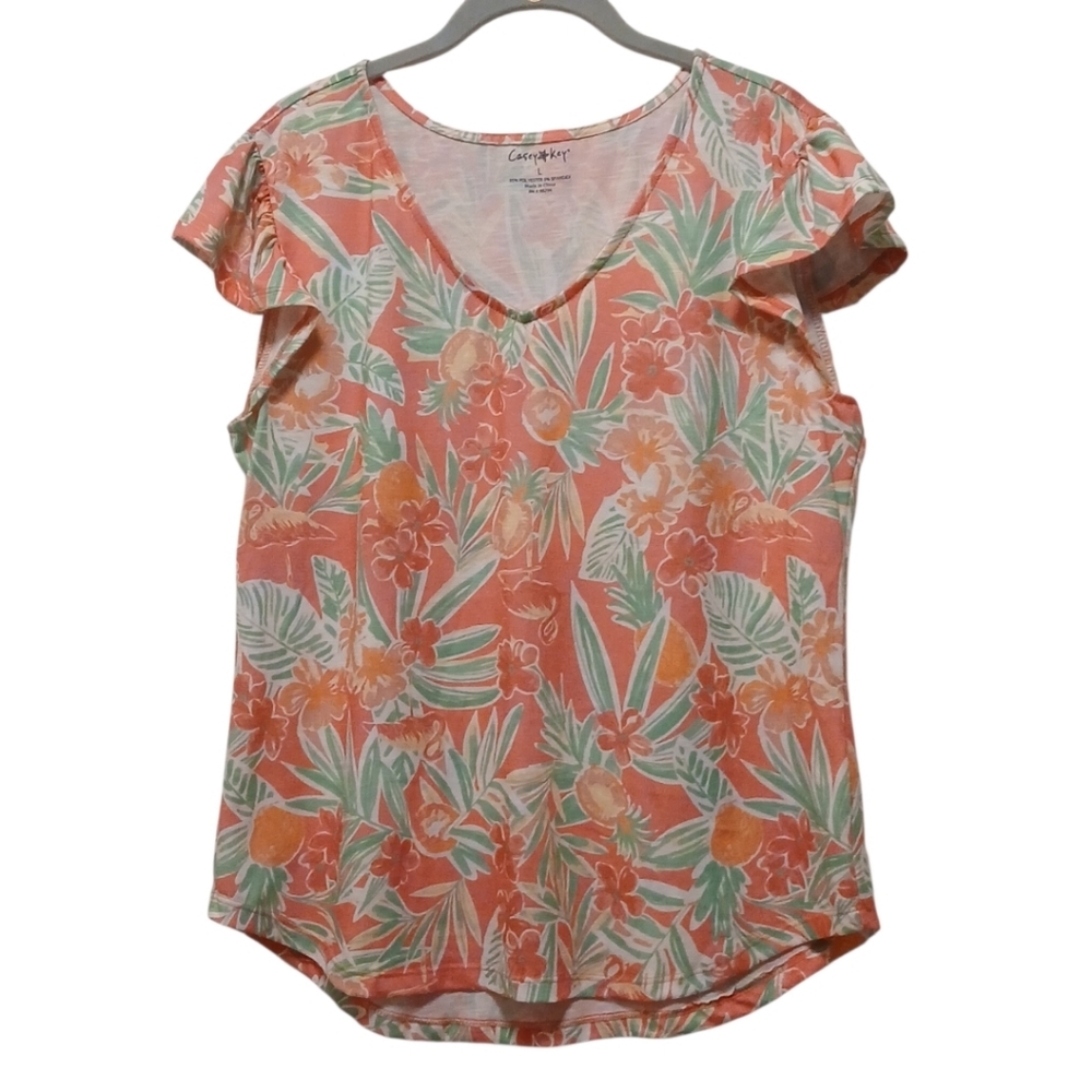 Casey Key - NWOT, Multi Colored Floral Blouse, Flutter Sleeves, V-Neck, Stretch, - Picture 2 of 7
